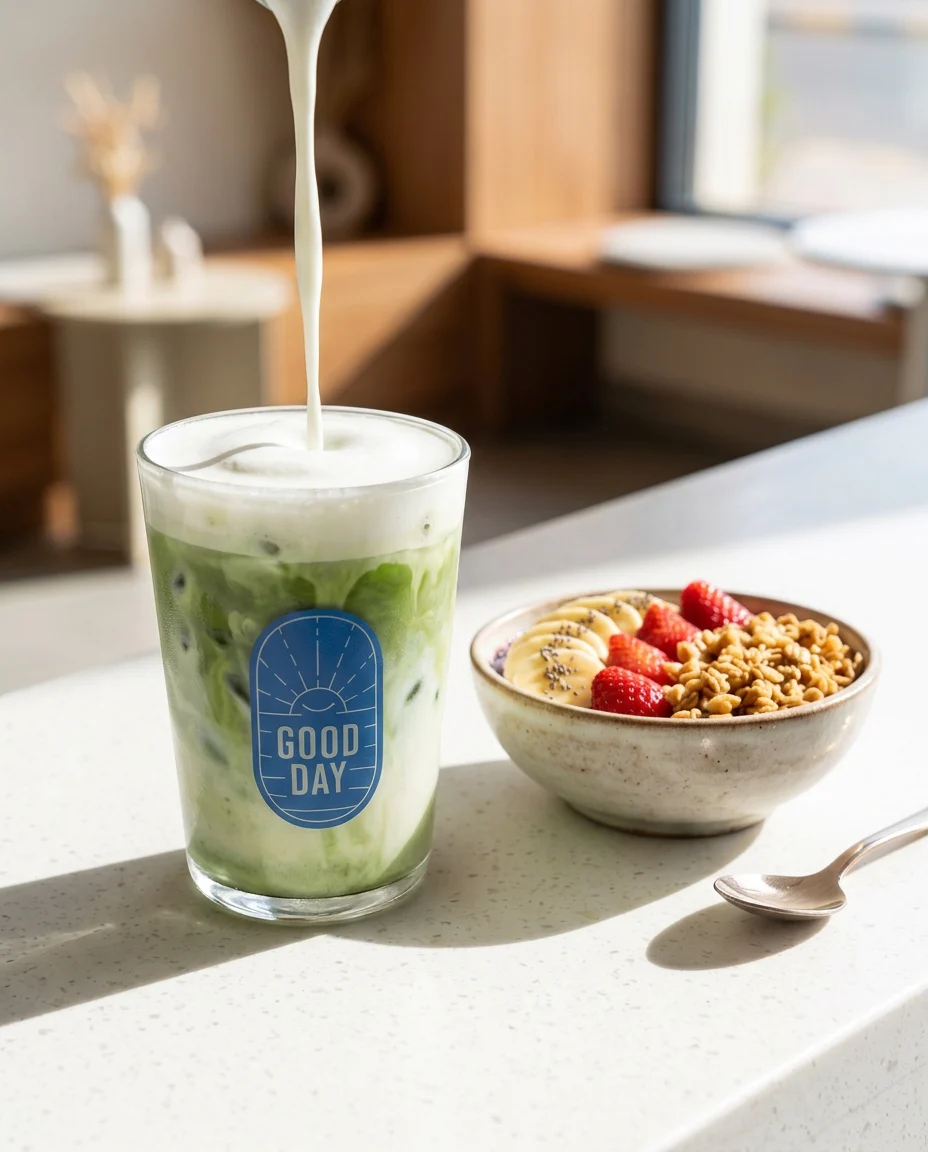 صورة إعلانية: Good Day key visual: cold foam landing on the iced matcha beside the açaí bowl