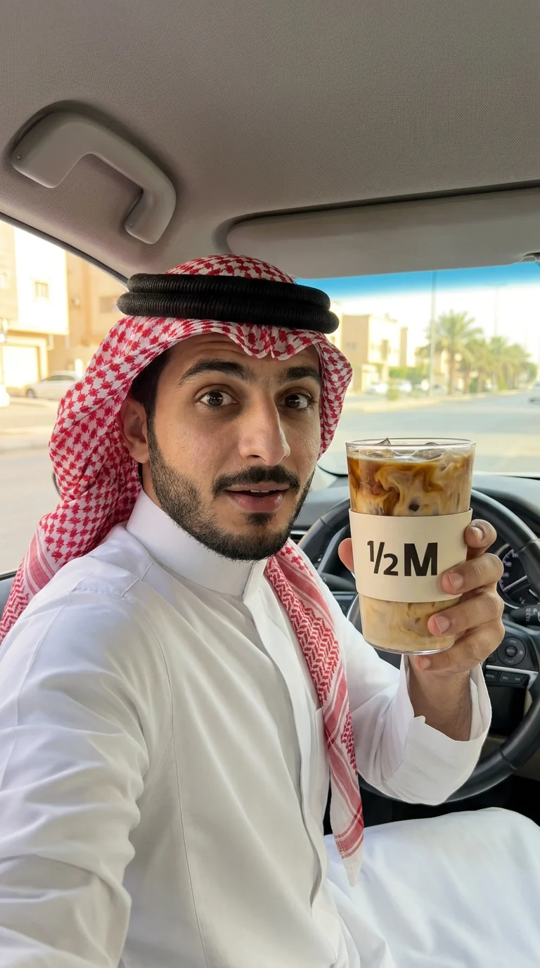 سيلفي بالجوال: in-car selfie: the same man raises the latte to the lens