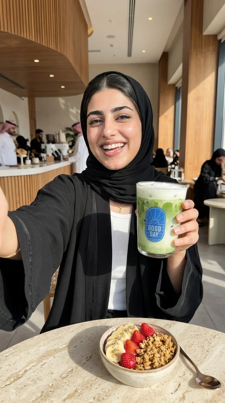 سيلفي بالجوال: cafe-table selfie: the same woman shows her matcha to the lens