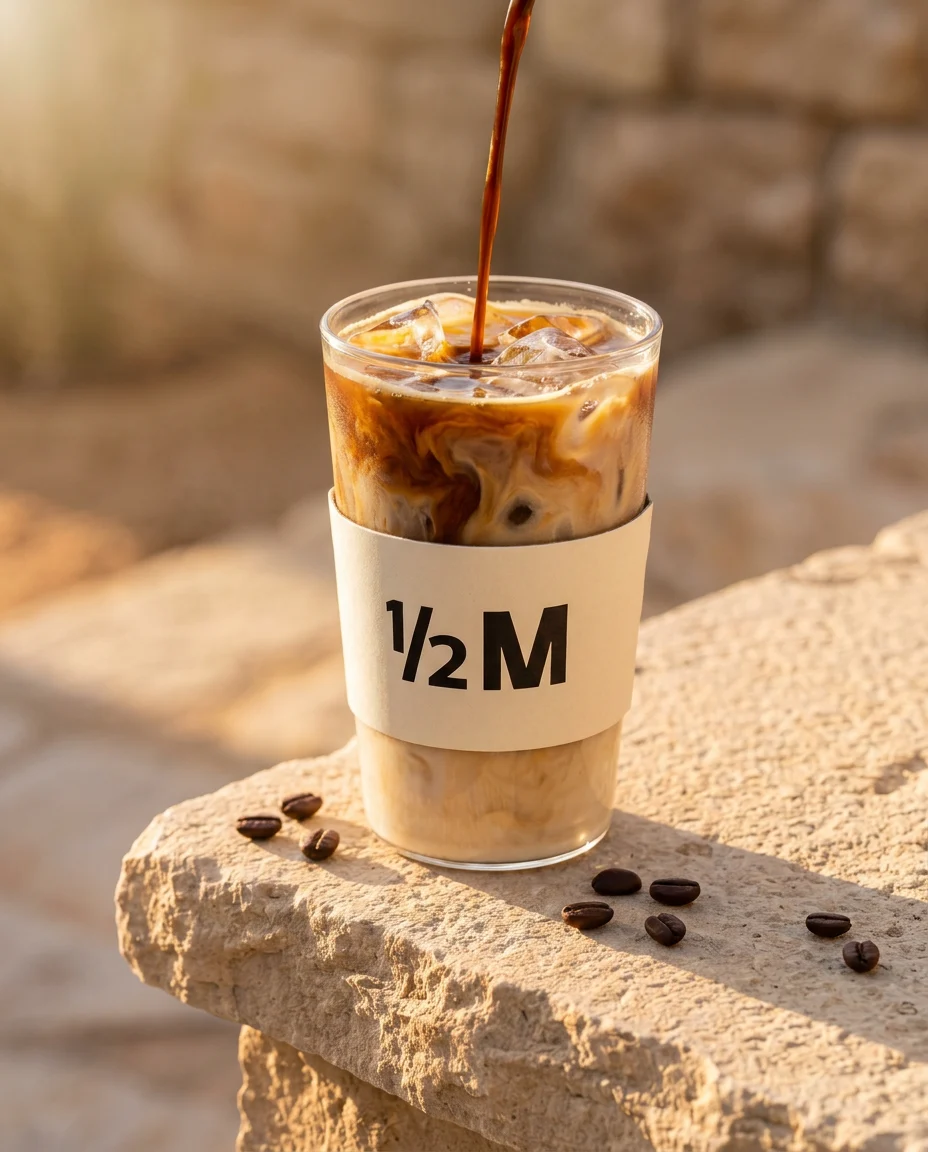 صورة إعلانية: Half Million key visual: espresso marbling through the iced Spanish latte at golden hour
