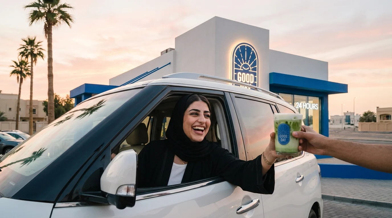 لقطة سينمائية: film still: the woman from the sheet takes her matcha at the Good Day drive-through at sunrise