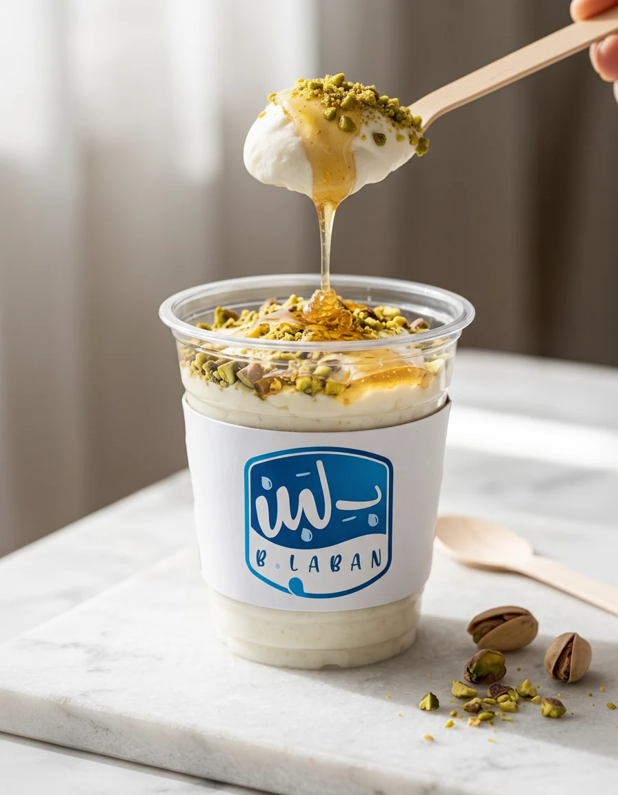 صورة إعلانية: B.Laban qoshtota key visual: the spoon lifting cream and honey above the cup