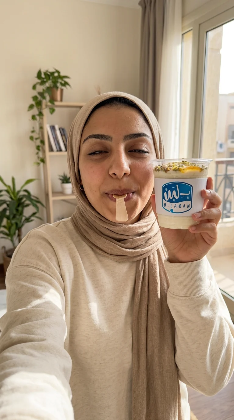 سيلفي بالجوال: phone selfie: the same woman holds the qoshtota to the lens mid-bite
