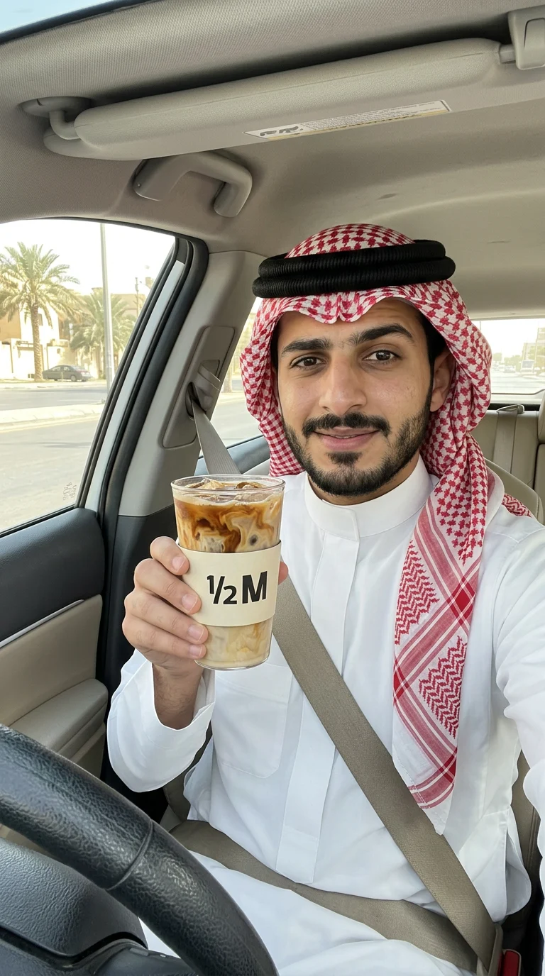سيلفي بالجوال: in-car selfie: the same man raises the latte to the lens