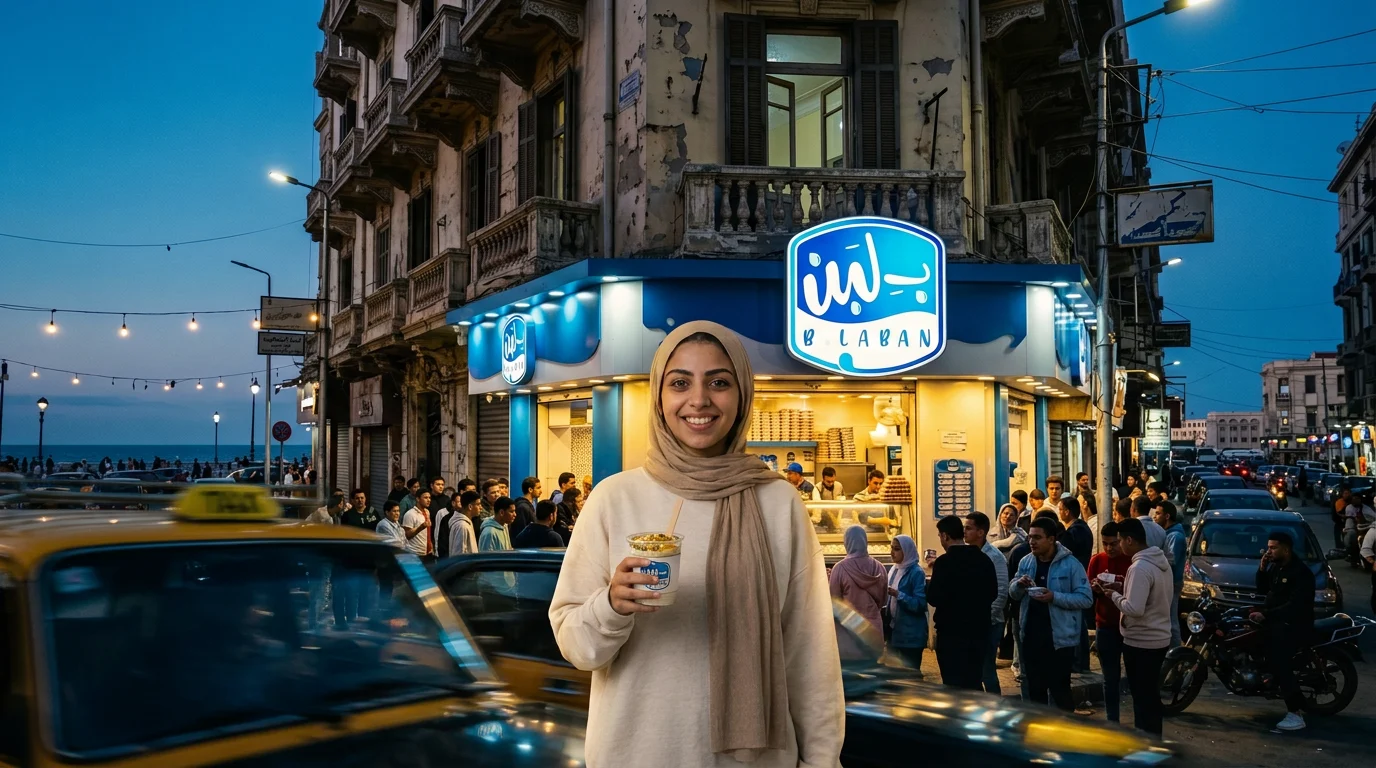 لقطة سينمائية: film still: the woman from the sheet leaves the B.Laban shop on an Alexandria corner at dusk
