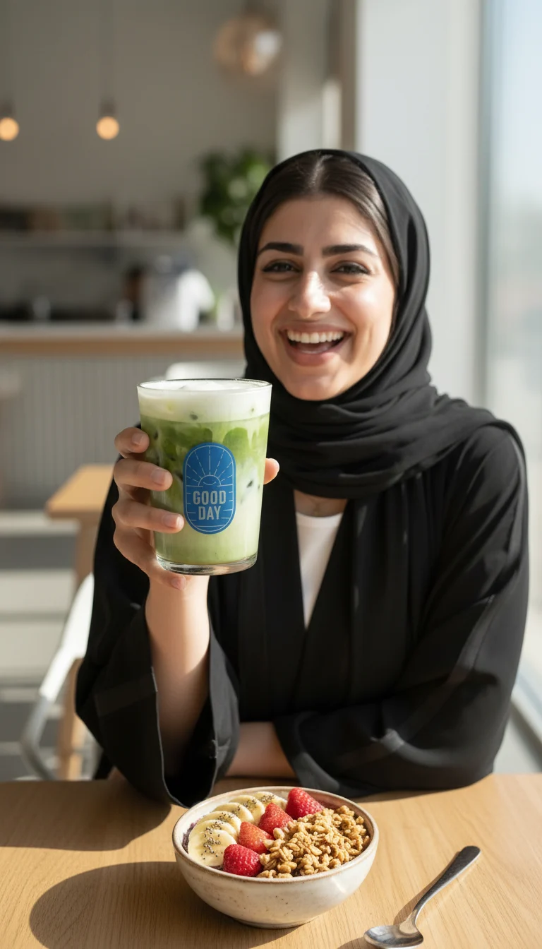 سيلفي بالجوال: cafe-table selfie: the same woman shows her matcha to the lens