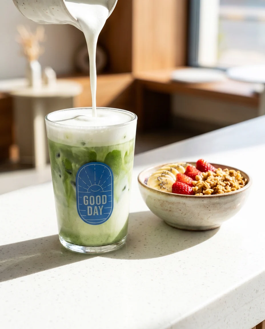 صورة إعلانية: Good Day key visual: cold foam landing on the iced matcha beside the açaí bowl