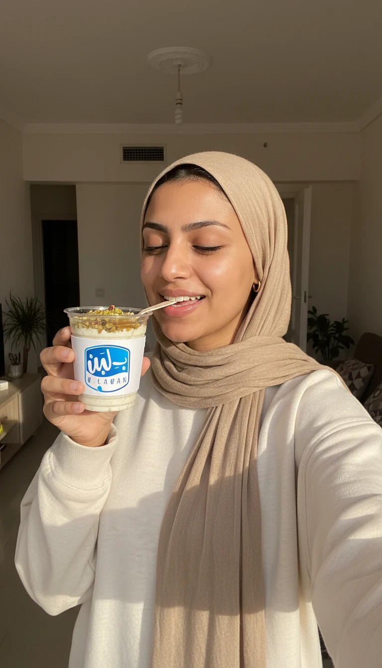 سيلفي بالجوال: phone selfie: the same woman holds the qoshtota to the lens mid-bite