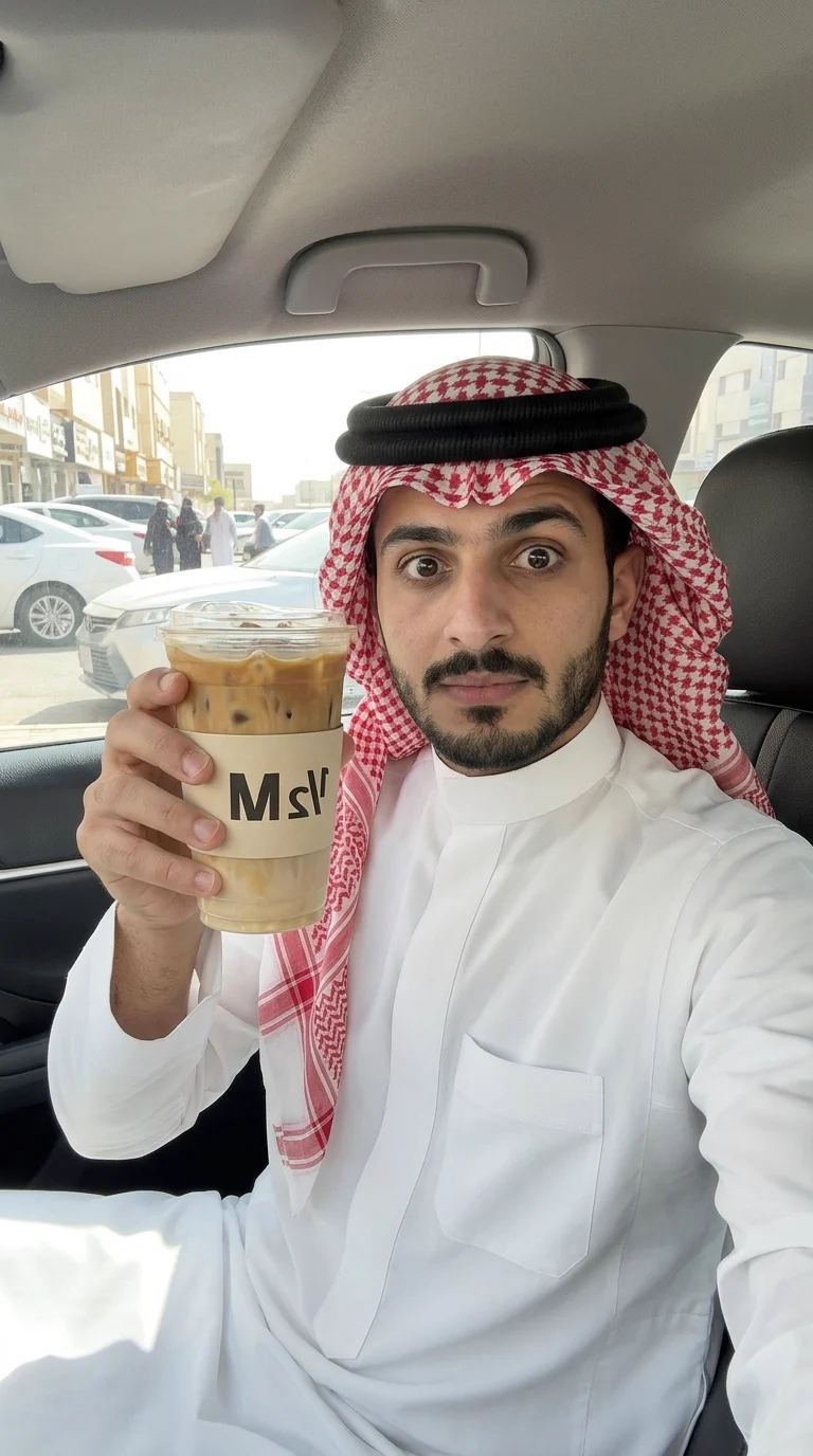 سيلفي بالجوال: in-car selfie: the same man raises the latte to the lens