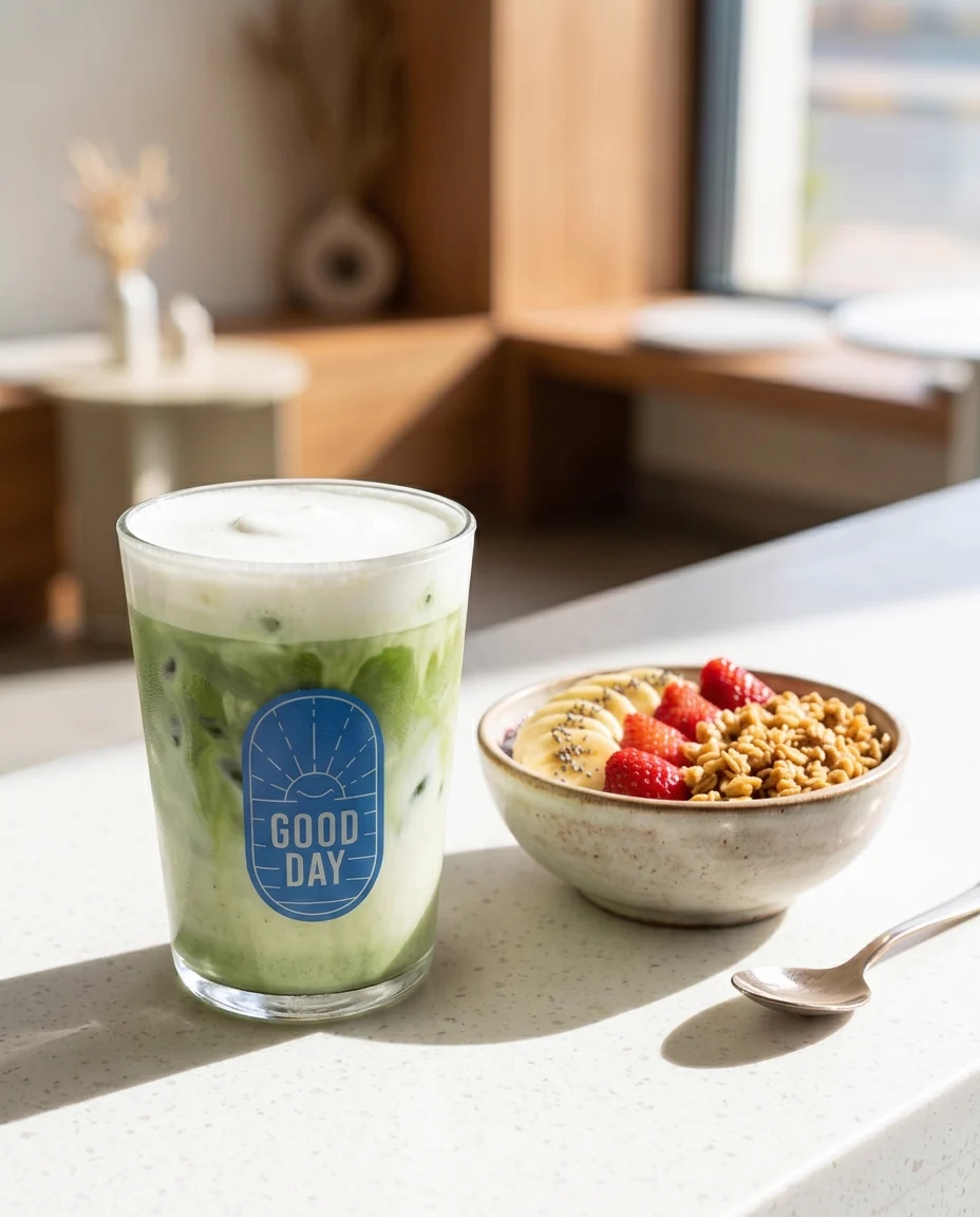 صورة إعلانية: Good Day key visual: cold foam landing on the iced matcha beside the açaí bowl