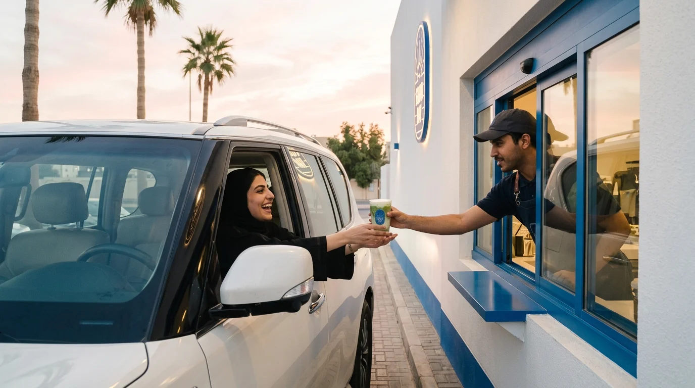 لقطة سينمائية: film still: the woman from the sheet takes her matcha at the Good Day drive-through at sunrise