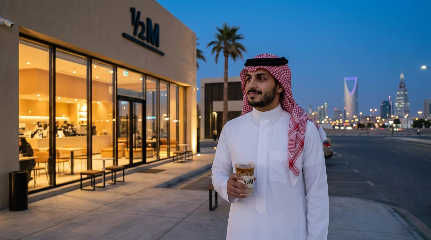 لقطة سينمائية: film still: the man from the sheet in thobe, shemagh and iqal outside the Half Million cafe at blue hour