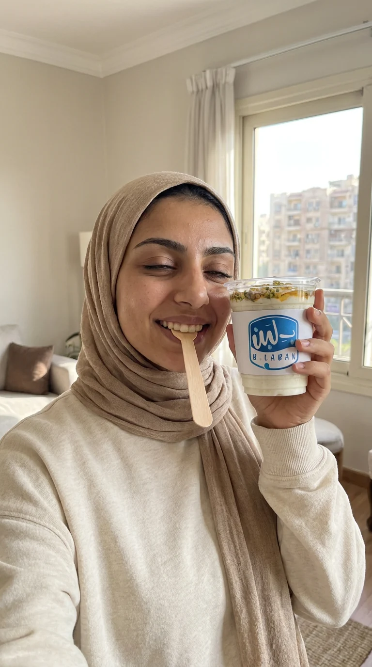 سيلفي بالجوال: phone selfie: the same woman holds the qoshtota to the lens mid-bite