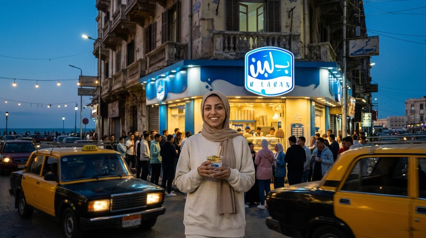 لقطة سينمائية: film still: the woman from the sheet leaves the B.Laban shop on an Alexandria corner at dusk