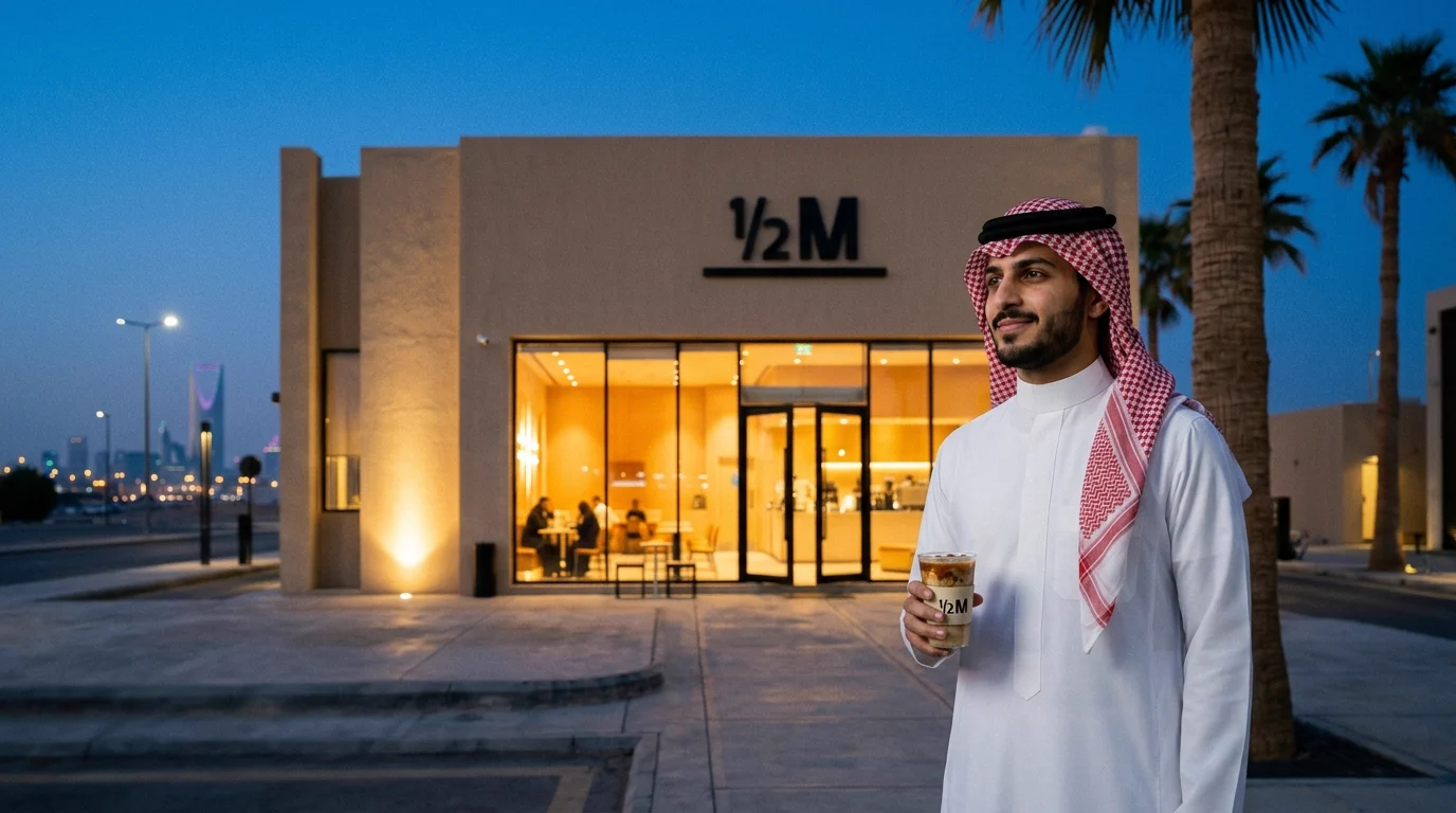 لقطة سينمائية: film still: the man from the sheet in thobe, shemagh and iqal outside the Half Million cafe at blue hour