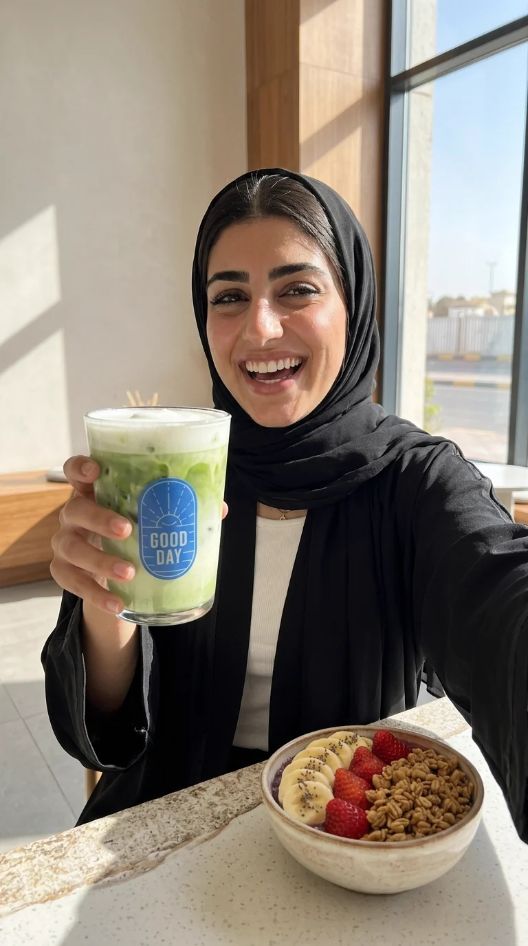 سيلفي بالجوال: cafe-table selfie: the same woman shows her matcha to the lens