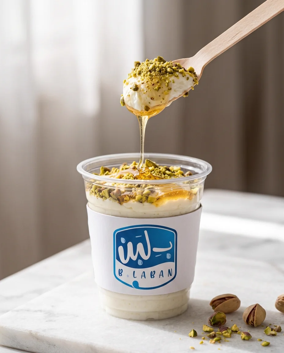 صورة إعلانية: B.Laban qoshtota key visual: the spoon lifting cream and honey above the cup