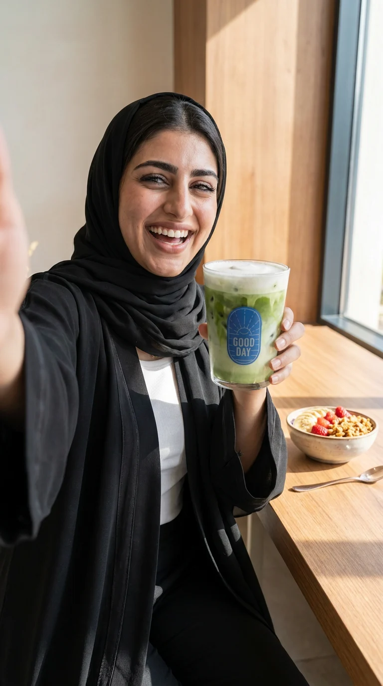 سيلفي بالجوال: cafe-table selfie: the same woman shows her matcha to the lens
