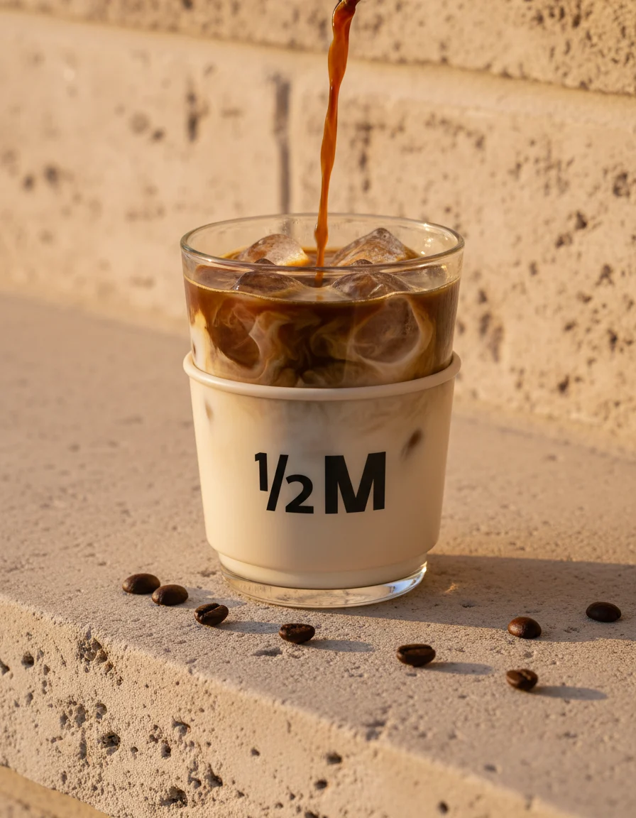 صورة إعلانية: Half Million key visual: espresso marbling through the iced Spanish latte at golden hour