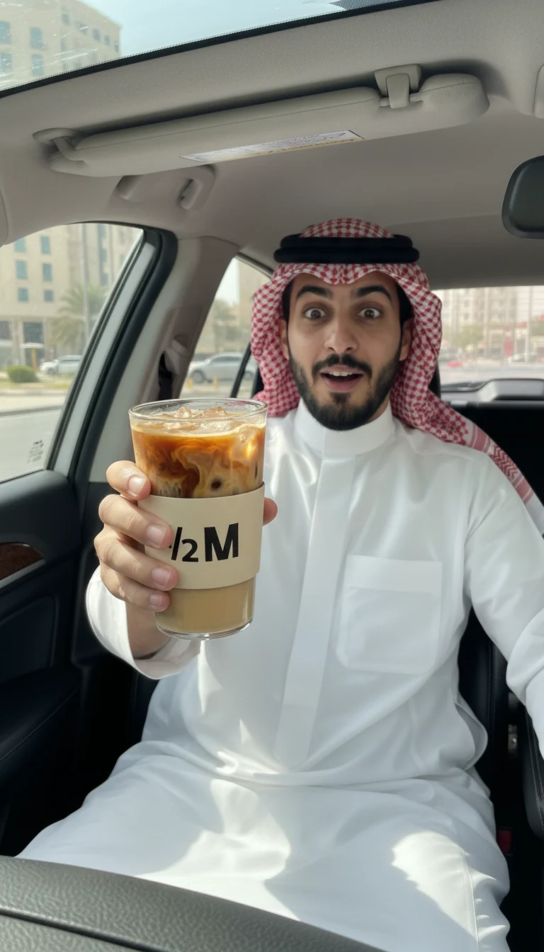 سيلفي بالجوال: in-car selfie: the same man raises the latte to the lens