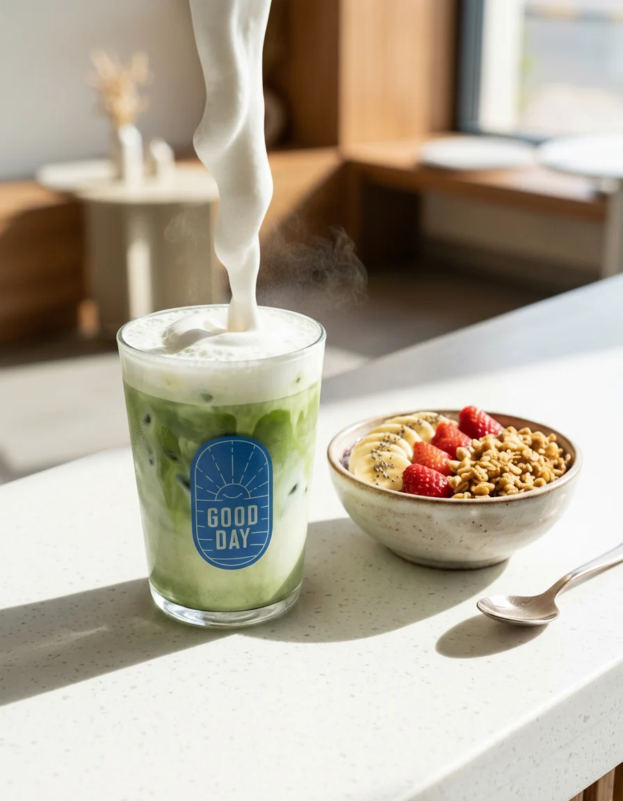 صورة إعلانية: Good Day key visual: cold foam landing on the iced matcha beside the açaí bowl