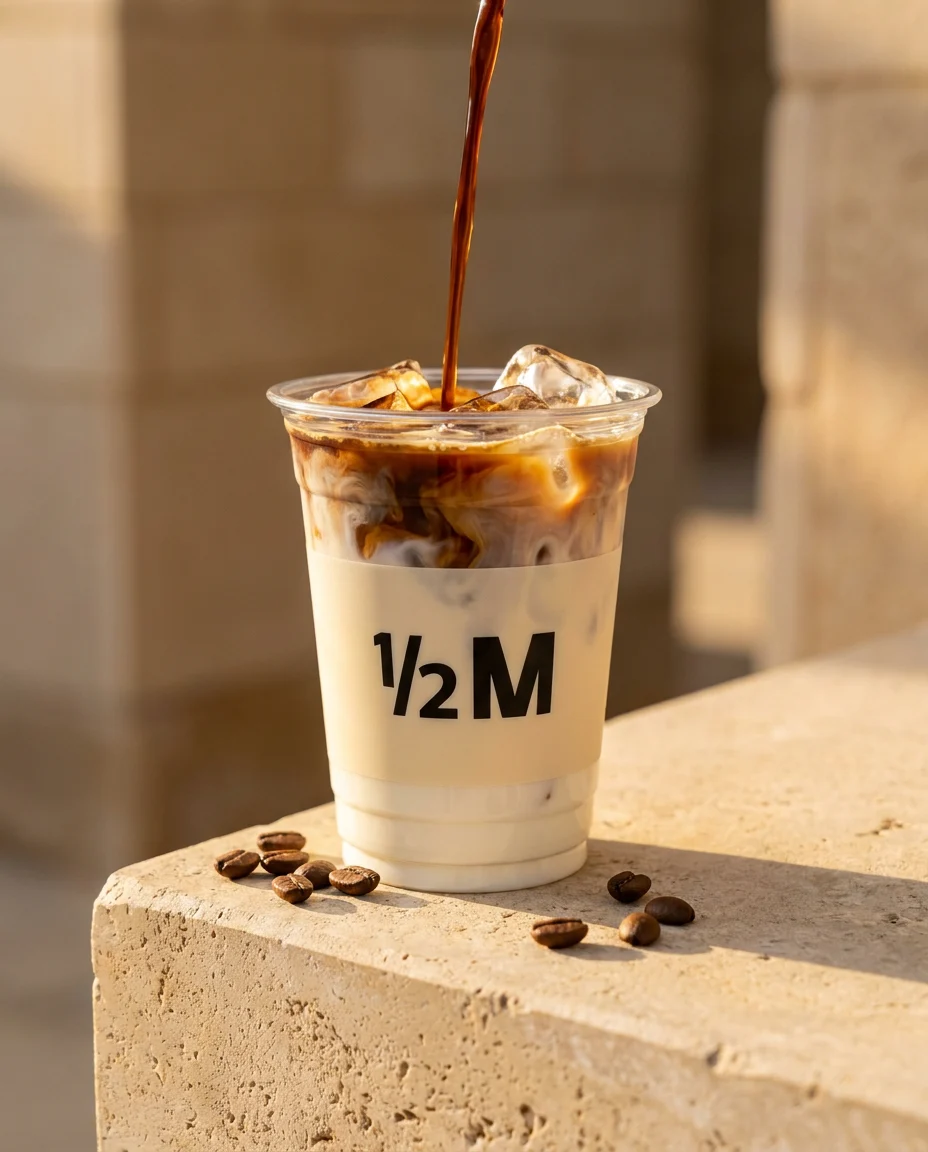 صورة إعلانية: Half Million key visual: espresso marbling through the iced Spanish latte at golden hour
