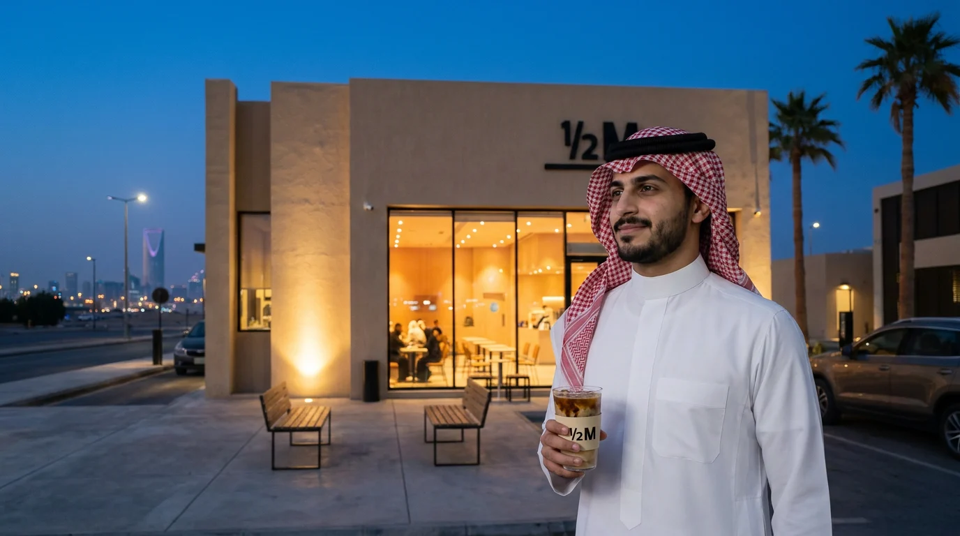 لقطة سينمائية: film still: the man from the sheet in thobe, shemagh and iqal outside the Half Million cafe at blue hour