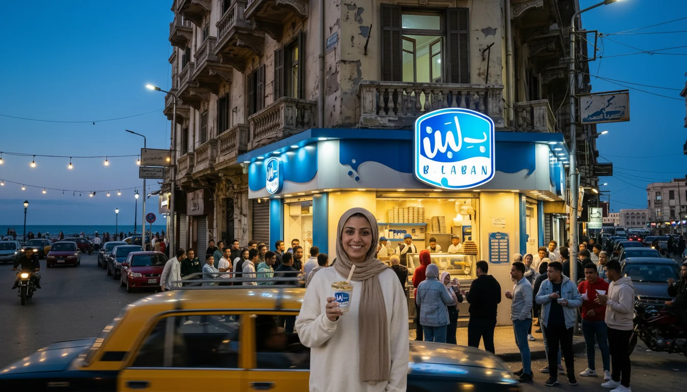 لقطة سينمائية: film still: the woman from the sheet leaves the B.Laban shop on an Alexandria corner at dusk