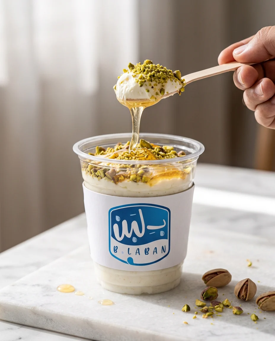 صورة إعلانية: B.Laban qoshtota key visual: the spoon lifting cream and honey above the cup