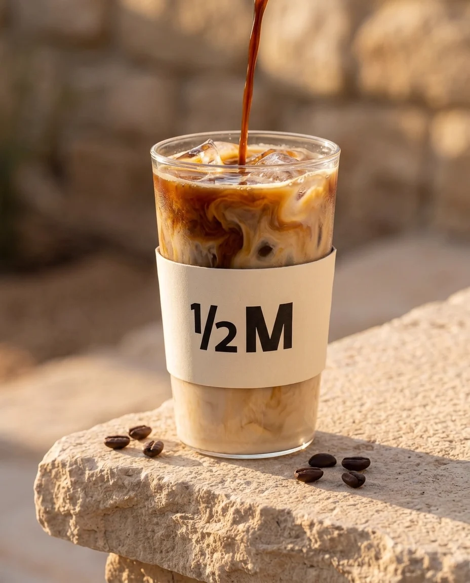 صورة إعلانية: Half Million key visual: espresso marbling through the iced Spanish latte at golden hour