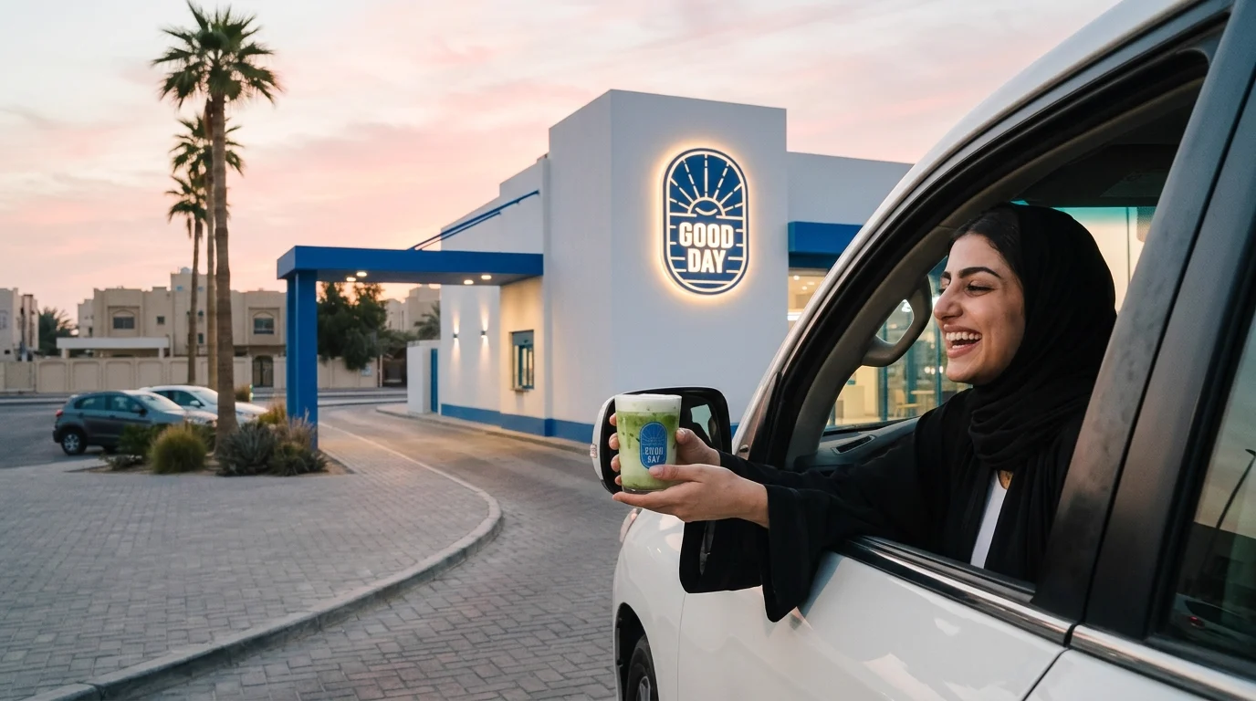 لقطة سينمائية: film still: the woman from the sheet takes her matcha at the Good Day drive-through at sunrise