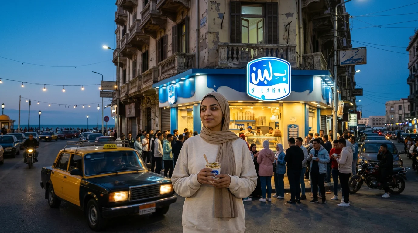 لقطة سينمائية: film still: the woman from the sheet leaves the B.Laban shop on an Alexandria corner at dusk